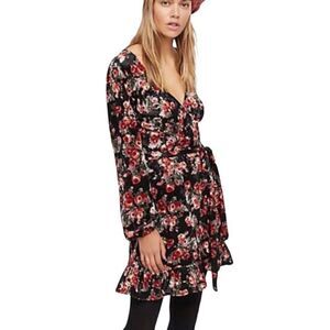 Free People Fall Crush Floral Wrap Velvet Dress Boho Romantic Medium NEW NWT